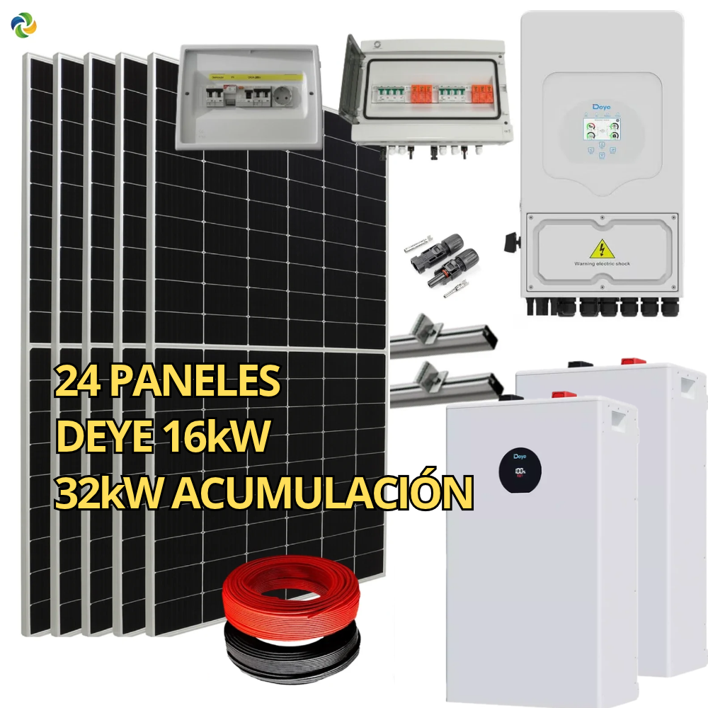 Kit Solar Híbrido Deye 16kW trifásico con 32 kWh (2 × Deye SE-F16-C blanca) (14,28 kWp Suntech)