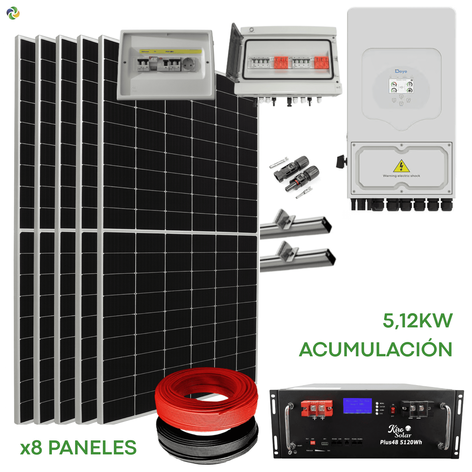 Kit Solar Híbrido Deye 8kW con 5,12kW batería de litio (4,88kW Solar)