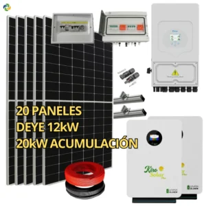 Kit Solar Completo Híbrido Deye 12kW Trifásico + Batería Litio KiroSolar BL48+ 20,48 kWh Pared + 11,90 kWp Suntech (Vivienda/Aislada)