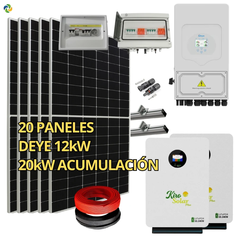 Kit Solar Completo Híbrido Deye 12kW Trifásico + Batería Litio KiroSolar BL48+ 20,48 kWh Pared + 11,90 kWp Suntech (Vivienda/Aislada)