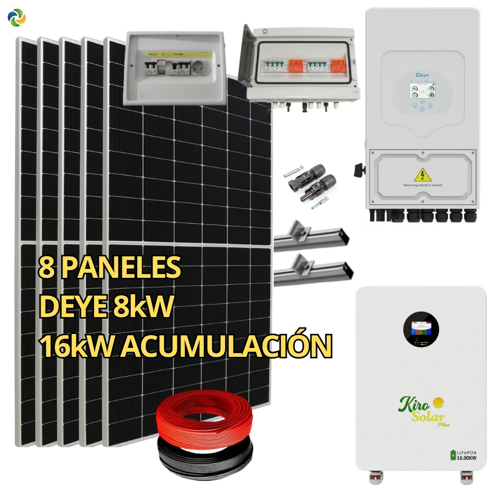 Kit Solar Completo Híbrido Deye 8kW + Batería Litio KiroSolar BL48+ 16 kWh Suelo + 4,76 kWp Suntech (Vivienda/Aislada)