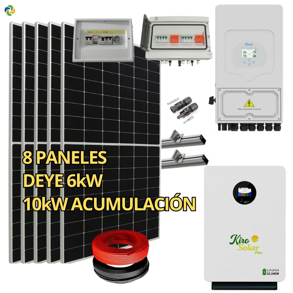 Kit Solar Completo Híbrido Deye 6kW + Batería Litio KiroSolar BL48+ 10,24 kWh Pared + 4,76 kWp Suntech (Vivienda/Aislada)