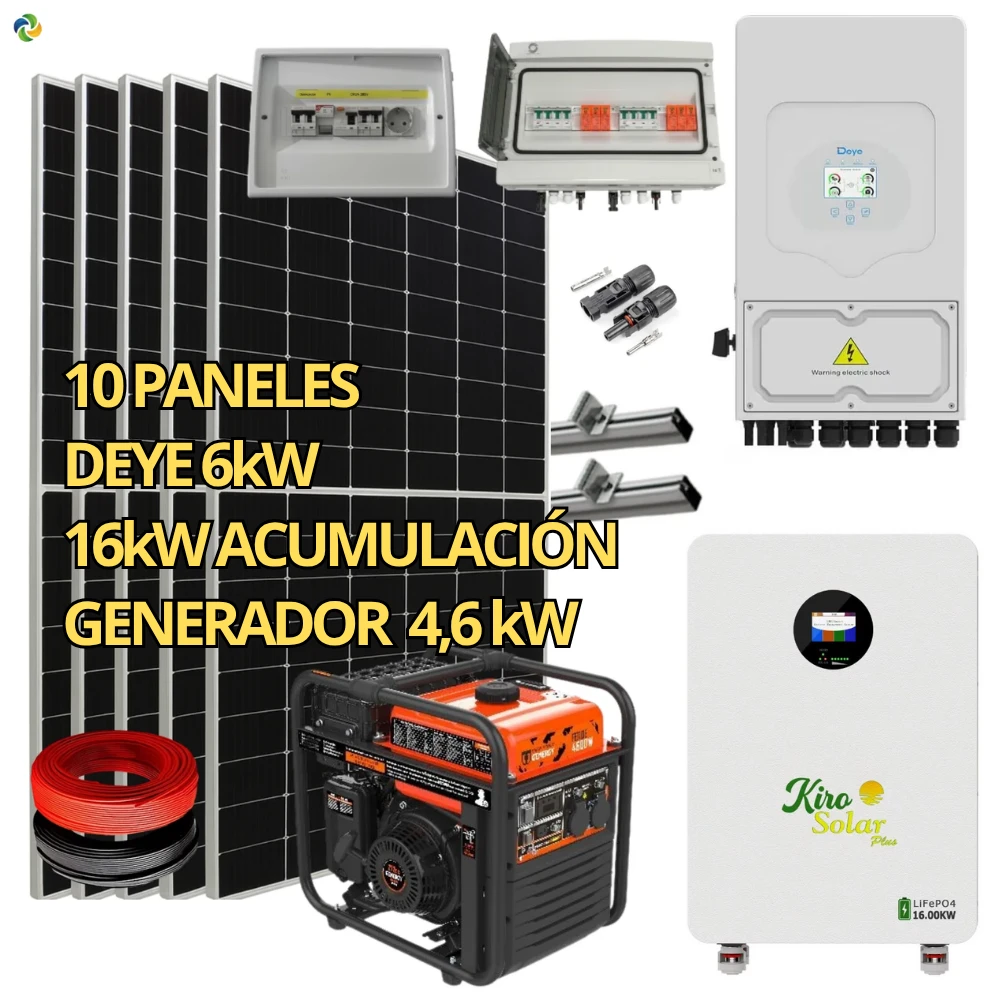 Kit Solar Completo Híbrido Deye 6kW + Batería Litio KiroSolar BL48+ 16 kWh Suelo + 5,95 kWp Suntech + Generador Feroe 4,6 kW (Vivienda/Aislada)