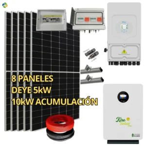 Kit Solar Completo Híbrido Deye 5kW + Batería Litio KiroSolar BL48+ 10,24 kWh Pared + 4,76 kWp Suntech (Vivienda/Aislada)