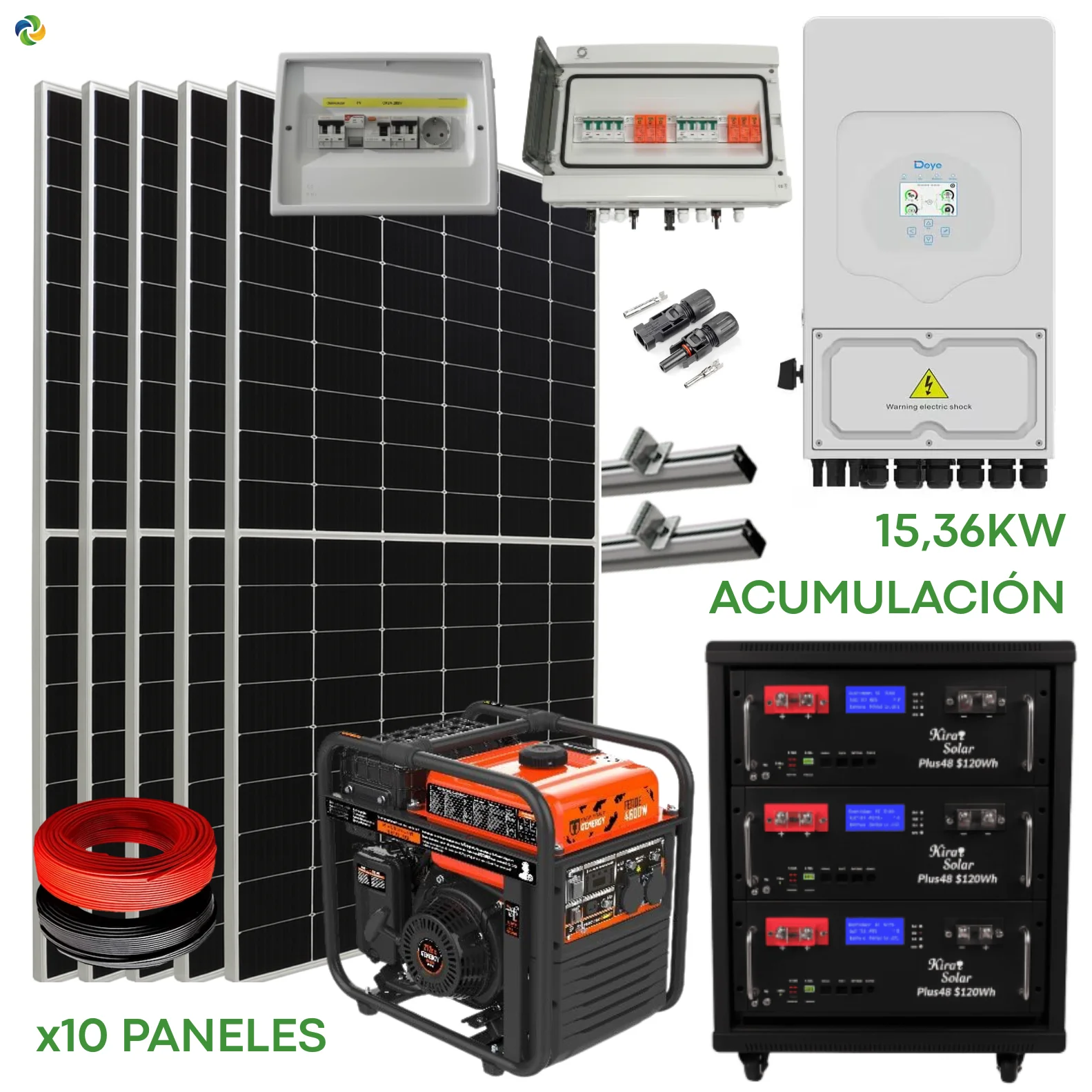 Kit Solar Completo Híbrido Deye 6kW + Batería Litio KiroSolar Plus 15,36 kWh Rack + 5,95 kWp Suntech + Generador Feroe 4,6 kW (Vivienda/Aislada)